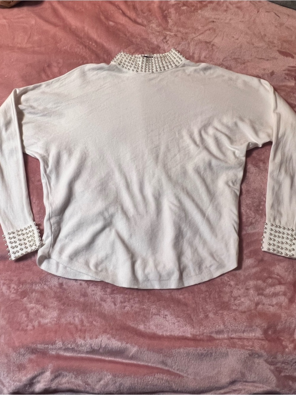White Stud-Trim Mock Neck Long Sleeve Women's Top